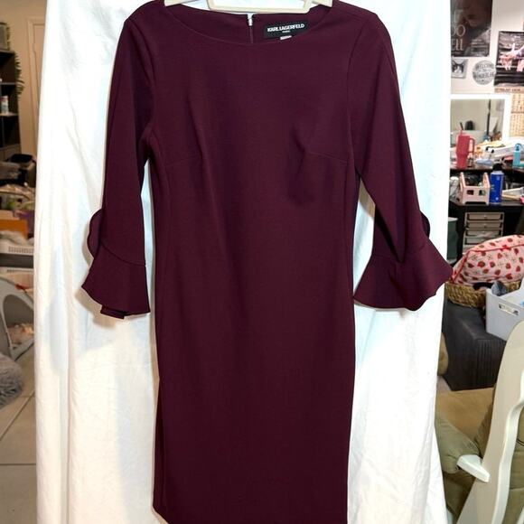 Karl Lagerfeld Paris Women's Tulip Bell Sleeve Crepe Dress Burgundy Size 4 - Picture 2 of 4